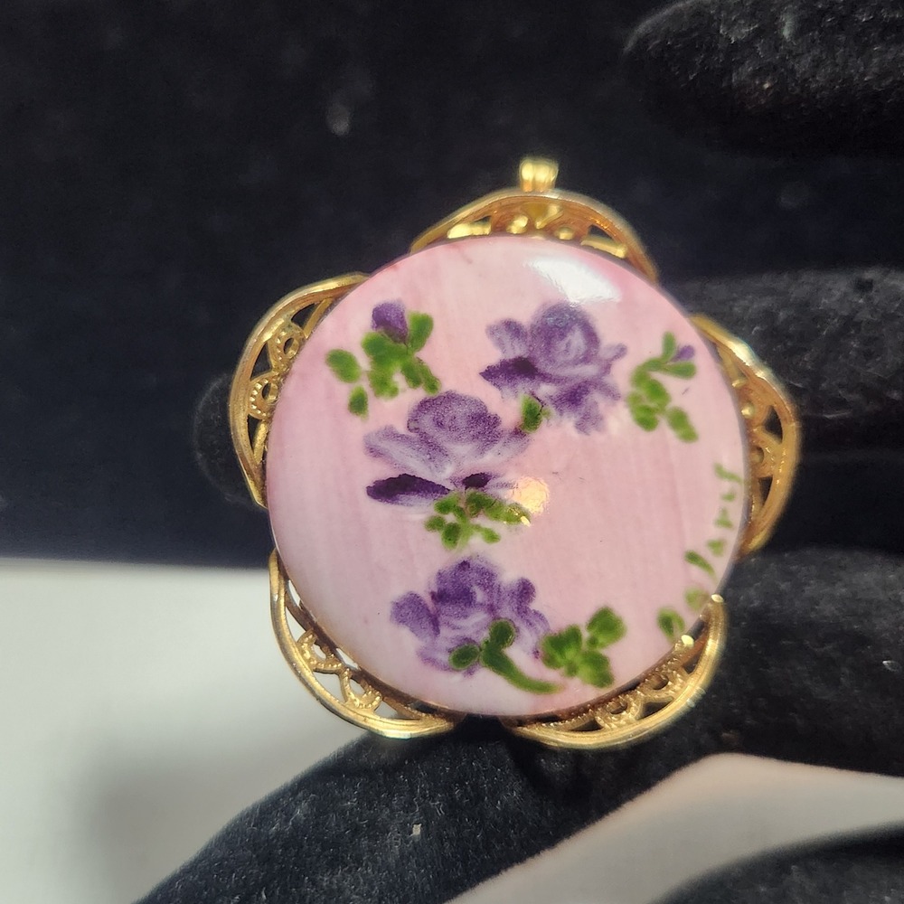 Vintage Hand Painted Porcelain Floral Pendant Gold Tone Filigree